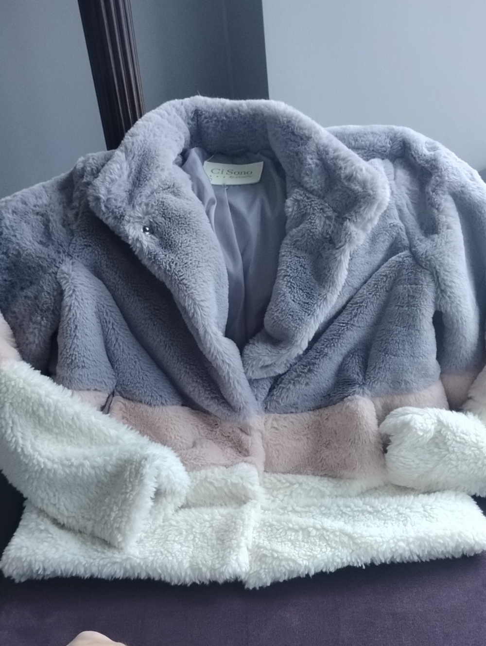 Ci Sono Colorblock Plush Faux-Fur Jacket in Gray, Blush and Cream